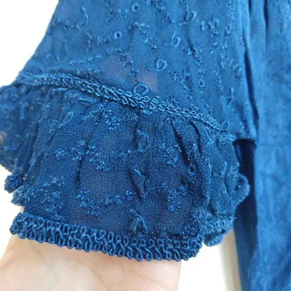 Holy Clothing Rachelle Tunic Top Size XL 1X Blue Ruffle Embroidered Tassels - Picture 9 of 11